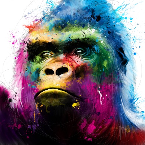 Patrice Murciano, Gorilla (Pop Art, Affe, Tier, Tierportrait, nachdenklich, Leuchtfarben, Neon, Schrill, Modern, Malerei, Jugendzimmer, Wohnzimmer, Jugendzentrum, Wunschgröße, bunt)