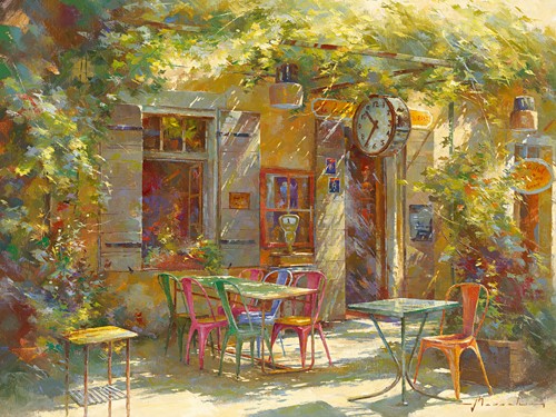 Johan Messely, Au Bistrot de Marie (Garten, Bistro, Lokal, Mediterran, Terrasse, Haus, Pflanzen,  Sommer, Idylle, Sonnenlicht, Nostalgie, Wohnzimmer, Esszimmer, Malerei, bunt)