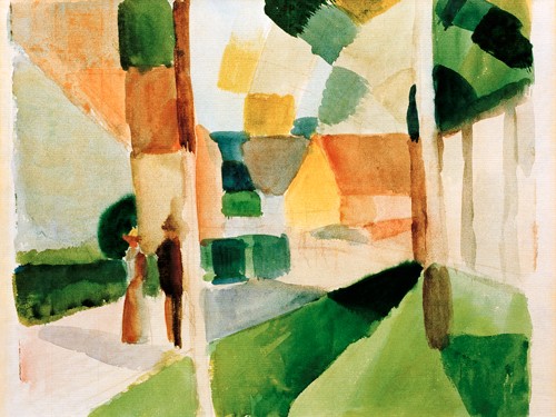 August Macke, Kandern I (Malerei, Expressionismus, Spaziergänger, Dorf, Idylle, Kandern, Blauer Reiter,  Wohnzimmer, Treppenhaus, Klassische Moderne,  Malerei, Wunschgröße, bunt)