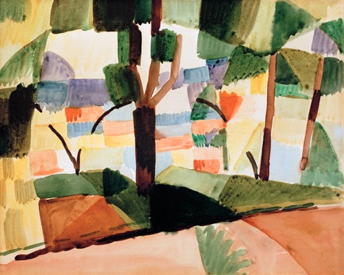 August Macke, Kandern IV (Malerei, Expressionismus, Garten, Dorf, Idylle, Kandern, Blauer Reiter,  Wohnzimmer, Treppenhaus, Klassische Moderne,  Malerei, Wunschgröße, bunt)
