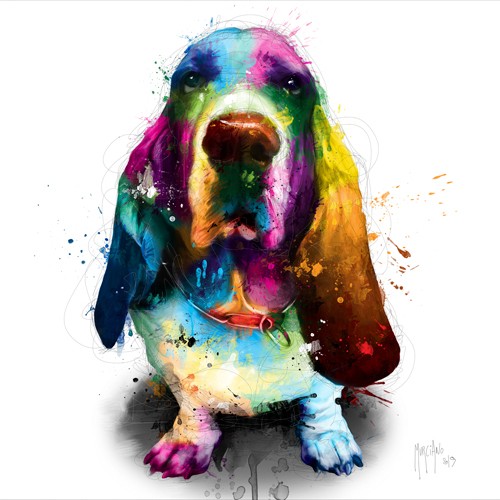 Patrice Murciano, Diesel (Pop Art, Hush Puppie, Hund, Schlappohren, Tier, Tierportrait, Leuchtfarben, Neon, Schrill, Modern, Malerei, Jugendzimmer, Wohnzimmer, bunt)