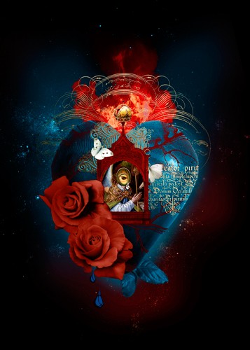 André Sanchez, Sacred Heart IV (Herz, rote Rosen, Erleuchtung, Erscheinung, Heilig, religiös, Heiliger, Wohnzimmer, Schlafzimmer, Grafik, Wunschgröße, dunkelblau/bunt)