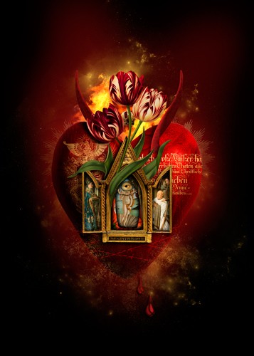 André Sanchez, Sacred Heart VI (Herz, Blumen, Tulpen, Erleuchtung, Erscheinung, Heilig, religiös, Retabel, Altarbild, surreal, Wohnzimmer, Schlafzimmer, Grafik, Wunschgröße, rot/bunt)