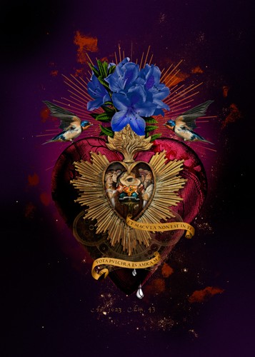 André Sanchez, Sacred Heart VIII (Herz, blaue Blumen, Strahlen, Erleuchtung, Erscheinung, Heilig, religiös, Vögel, surreal, Wohnzimmer, Schlafzimmer, Grafik, Wunschgröße, bunt)
