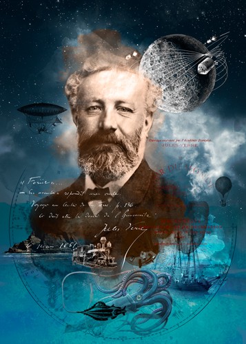 André Sanchez, Jules Verne (Schriftsteller, Jules Verne, Frankreich, Persönlichkeiten, Nautilus, In 80 Tagen um die Welt,  Portrait, Kalligrafie, Collage, Fotokunst, Wohnzimmer, Bibliothek, Wunschgröße, bunt)