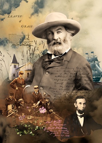 André Sanchez, Walt Whitman (Schriftsteller,Whitman, Amerikaner, Persönlichkeiten, Grashalme, Lyriker, Kalligrafie, Portrait, Collage, Fotokunst, Wohnzimmer, Bibliothek, Wunschgröße, bunt)