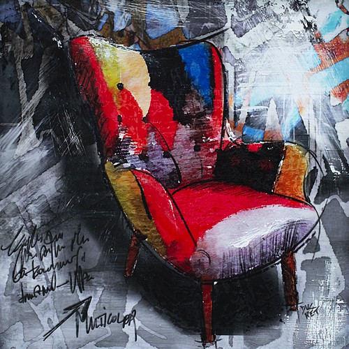 Patrice Ducret, Fauteuil II (Sessel, Ohren-Sessel, abstrakter Hintergrund, modern, Stilmix, retro, Jugendzimmer, Wohnzimmer, Treppenhaus, Grafik, Wunschgröße, bunt)
