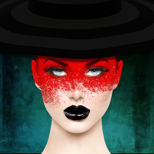 Richard Desmarais, Red Splash Face (Frau, Eleganz, Portrait, Hut, Strenge, Hals, rote Sprenkel,  modern, Surreal, Fotokunst, Wunschgröße, Wohnzimmer, bunt)