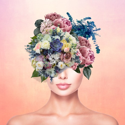 Richard Desmarais, Bouquet II (Frau, Blumen, Blumenstrauß, Bouquet, Kopfschmuck, Portrait, Hals, modern, Surreal, Fotokunst, Wunschgröße, Wohnzimmer, bunt)