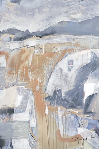 Sue Riger, Light Waterfall (Landschaft, Felsen, Wasserfall, abstrahiert, Abstrakte Malerei, Dynamik, Kraft, modern, zeitgenössische Malerei, Wunschgröße, Wohnzimmer, Büro, Business, weiß/grau/creme)