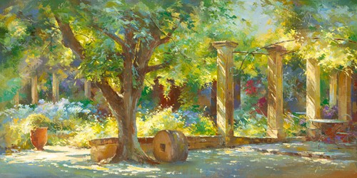 Johan Messely, Jardin - Le Prieuré (Garten, Säulen, Bäume, Mediterran, Terrasse, Haus, Pflanzen,  Sommer, Idylle, Sonnenlicht, Nostalgie, Wohnzimmer, Malerei, Wunschgröße, bunt)