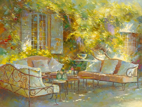 Johan Messely, Ambiance Provençale (Garten, Sitzgruppe, französisch, Mediterran, Terrasse, Haus, Pflanzen,  Sommer, Idylle, Sonnenlicht, Nostalgie, Wohnzimmer, Esszimmer, Wunschgröße, Malerei, bunt)