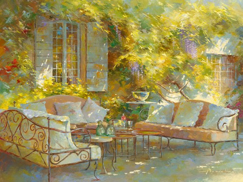 Johan Messely, Ambiance Provençale (Garten, Sitzgruppe, französisch, Mediterran, Terrasse, Haus, Pflanzen,  Sommer, Idylle, Sonnenlicht, Nostalgie, Wohnzimmer, Esszimmer, Malerei, bunt)