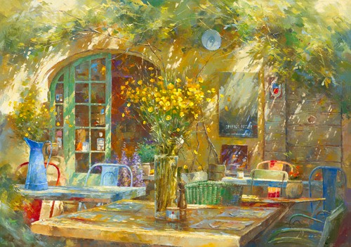 Johan Messely, Terrasse - Le petit café (Garten, Lokal, Bistro, französisch, Mediterran, Terrasse, Haus, Pflanzen,  Sommer, Idylle, Sonnenlicht, Nostalgie, Wohnzimmer, Esszimmer, Wunschgröße, Malerei, bunt)
