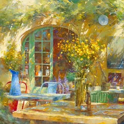 Johan Messely, Terrasse - Le petit café (Garten, Lokal, Bistro, französisch, Mediterran, Terrasse, Haus, Pflanzen,  Sommer, Idylle, Sonnenlicht, Nostalgie, Wohnzimmer, Esszimmer, Wunschgröße, Malerei, bunt)