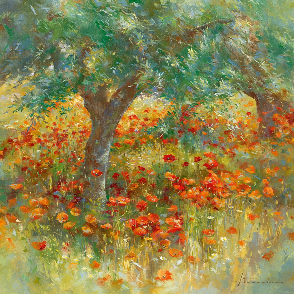 Johan Messely, Les coquelicots (Blumenwiese, Mohnblumen, Baum, Pflanzen, Sommer, Idylle, Sonnenlicht, Wohnzimmer, Esszimmer,  Malerei, bunt)