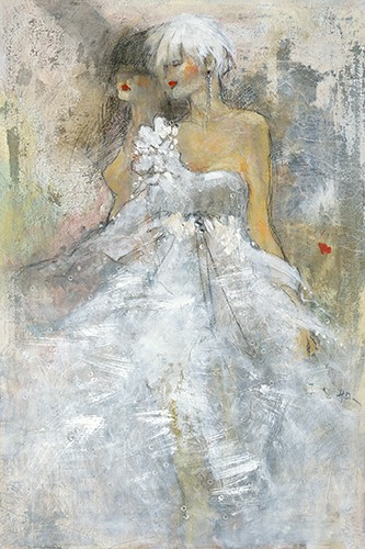 Huguette Declercq, Bijou (junge Frau, Ballkleid, Hochzeitskleid, weißes Kleid, moderne Malerei, Zeitgenössisch, Wunschgröße, Wohnzimmer, grau/weiß)