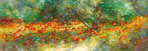 Johan Messely, Champ des Cocquelicots (Garten,  Blumenwiese, Mohnfeld, Sommer, modern, Wohnzimmer, Esszimmer, Wunschgröße, Malerei, bunt)