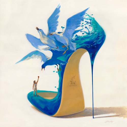 Gabrielle, The Birds I (Schuh, High Heel, Pumps, Möwen, Vögel, Wasser, kleiner Mensch, modern, Wunschgröße, Schlafzimmer, Wohnzimmer, Jugendzimmer, blau/bunt)