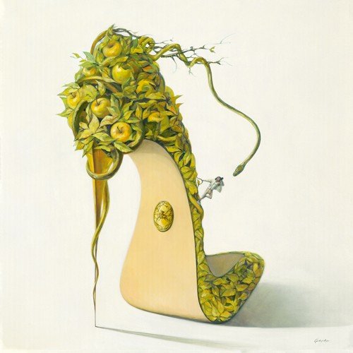 Gabrielle, Ambivalence I (Schuh, High Heel, Pumps, Äpfel, Früchte Obst, Blätter, Schlange, kleiner Mensch, modern, Wunschgröße, Schlafzimmer, Wohnzimmer, Jugendzimmer, grün/weiß)