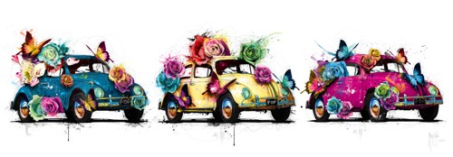 Patrice Murciano, POPcinelle Triptyque (VW-Käfer, Kult, Auto, Punk,  Leuchtfarben, Neon, Schrill, Modern, Malerei, Jugendzimmer, Wohnzimmer, Wunschgröße, bunt)