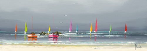 Frédéric Flanet, La plage (Malerei, Moderne Malerei, Meeresbrise, Meer, Strand, Sand, diffus, Dunst, Segelboote, Spiegelung, Reflexion, Bretagne, Frankreich, Atlantik, Wohnzimmer, Treppenhaus,  grau / bunt)