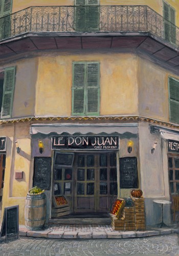 Pascal Pontoire, Restaurant Vieil Antibes (Architektur, Haus,Eckhaus, Obst,  Gemüse, Laden, Verkauf,  mediterran, Nostalgie, Fotorealismus, Wunschgröße, Wohnzimmer, Malerei)