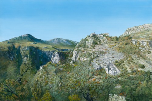 Pascal Pontoire, Vue panoramique du village de Gourdon (Berge, Landschaft, Panorama, Bergdorf, Landschaftsmalerei, Fotorealismus, Wunschgröße, Wohnzimmer, Malerei)