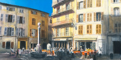 Pascal Pontoire, Place Nationale Vieil Antibes (Architektur, Haus, Gasse, mediterran, Nostalgie, Fotorealismus, Wunschgröße, Wohnzimmer, Malerei)