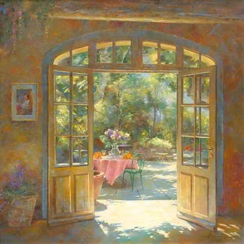 Johan Messely, Invitation au Mas des Grès (Garten, Lokal, Interieur, Terrassentür, Flügeltür, französisch, Mediterran, Terrasse, Haus, Pflanzen,  Sommer, Idylle, Sonnenlicht, Nostalgie, Wohnzimmer, Esszimmer, Wunschgröße, Malerei, bunt)