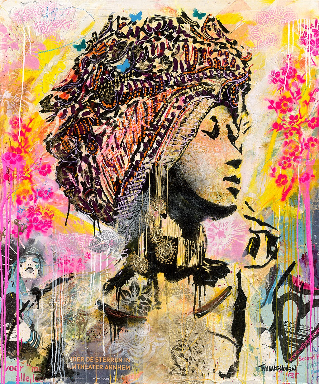 Nick Twaalfhoven, African summer queen: Junie  (Frau, Portrait, Afrikanerin, Kopfschmuck, Jahreszeit, Sommer, Juni, modern, Neopop, Wunschgröße, Malerei, Wohnzimmer, Jugendzimmer, bunt)