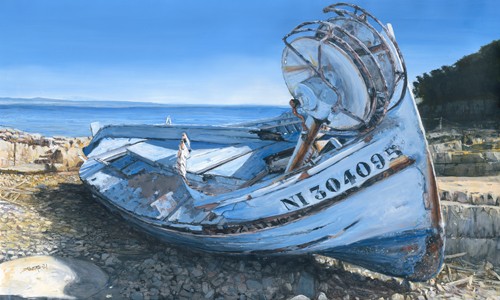 Pascal Pontoire, Pointu échoué  (Boot, gestrandet, Meer, Meeresbrise, mediterran, Nostalgie, Fotorealismus, Wunschgröße, Wohnzimmer, Malerei)