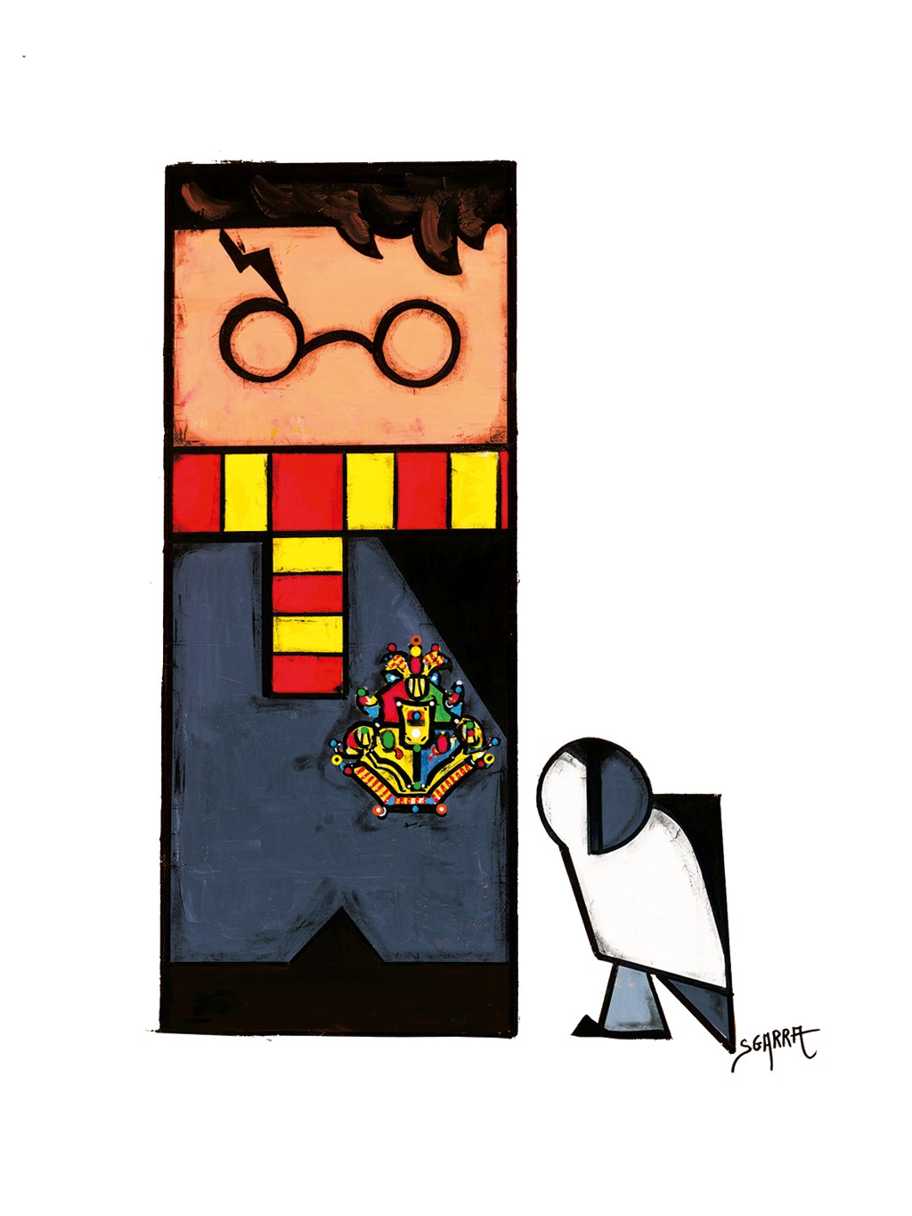Robert Sgarra, Boxy VI (Harry Potter, Junge, Eule, Hedwig, figurativ, geometrisch, Wüfelform,  Popart, modern, Cloisonismus, Wunschgröße, Wohnzimmer, Jugendzimmer, bunt)
