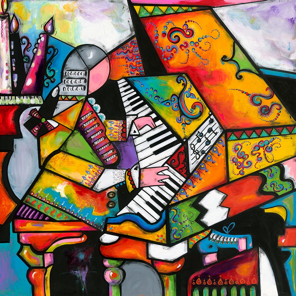 Robert Sgarra, Mozart (Mozart, Musiker, Klavier, Instrument, figurativ, geometrisch, kubistisch, Popart, modern, Cloisonismus, Wunschgröße, Wohnzimmer, bunt)