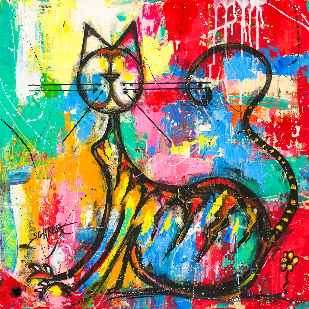 Robert Sgarra, Cat (Abstrakt, abstrakte Malerei, Katze, Linien, Farbflächen, laufende Farbtropfen, modern, Wunschgröße, Wohnzimmer, Büro, bunt)