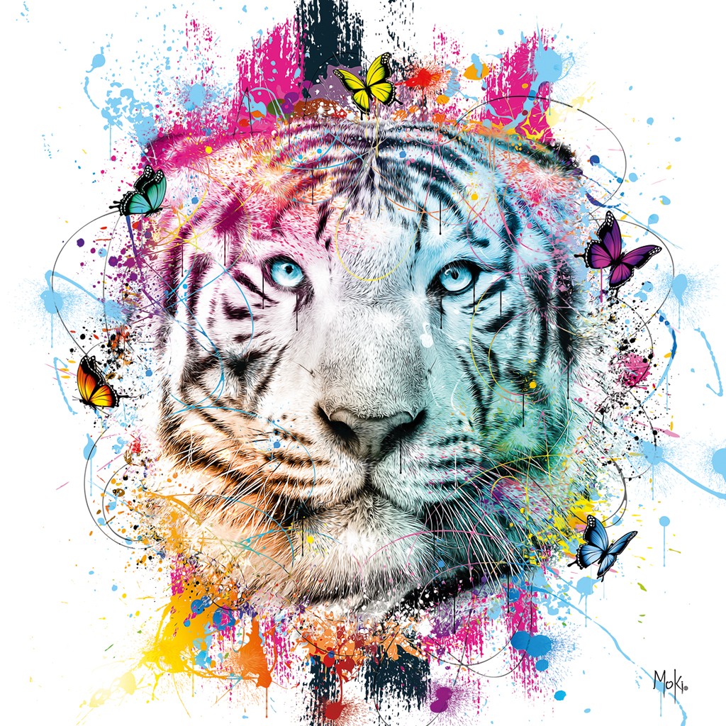 Moki, Tigre Color (Tiger, weißer Tiger, Raubkatze, Tierportrait, Pop-Art, modern, schrill, Malerei, Jugendzimmer, Wohnzimmer, Treppenhaus,  bunt)