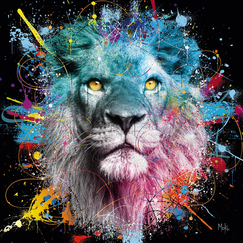 Moki, Lion Color (Löwe, Raubkatze, Mähne, Tierportrait, Pop-Art, modern, schrill, Malerei, Jugendzimmer, Wohnzimmer, Treppenhaus,  bunt)
