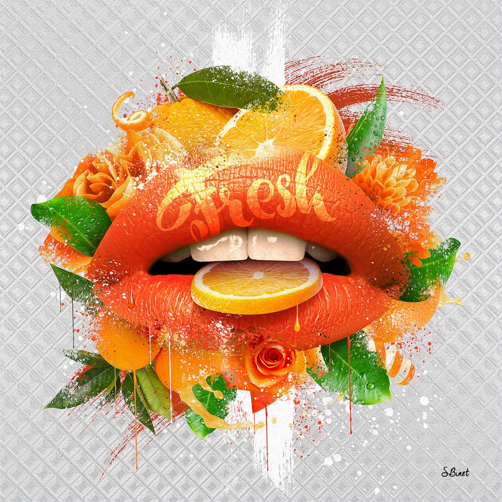 Sylvain Binet, Bouche orange (Mund, Lippen erotisch, Zitrusfrüchte, Zitronen, Blumen, Leuchtfarben, Neon, Modern, Popart, Malerei, Jugendzimmer, Wohnzimmer, Wunschgröße, gelb/orange)