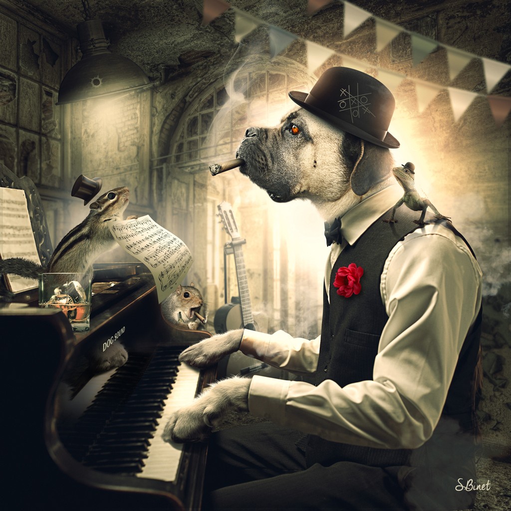 Sylvain Binet, Chien piano (Hund, Dogge, Vermenschlichung, Pianospieler, Musiker, Zigarre, antropomorph, Modern, Malerei, Jugendzimmer, Wohnzimmer, Wunschgröße, Colourspot, grau/weiß, rot)