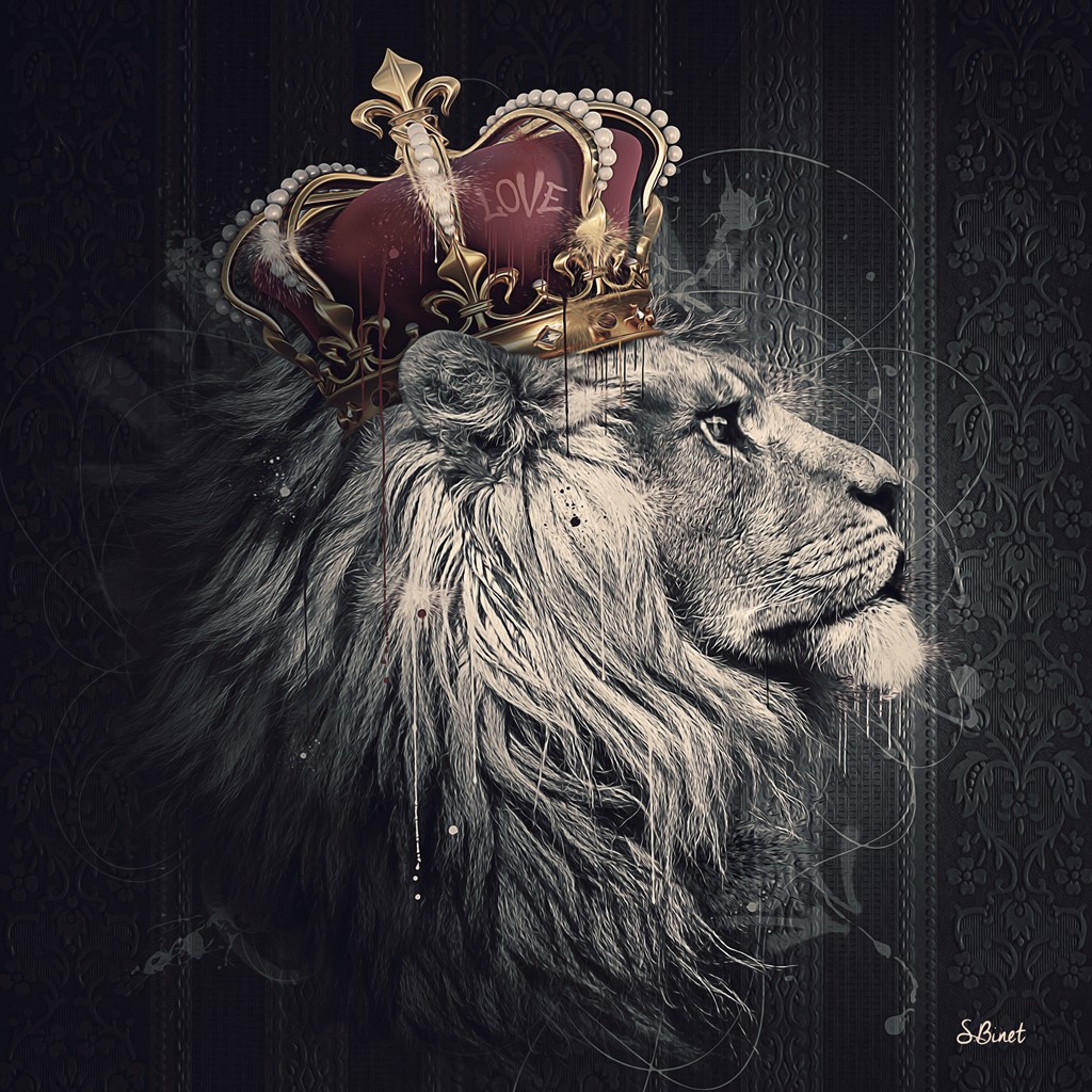 Sylvain Binet, Lion Couronne I (Löwe, Raubtier, König, Krone, Vermenschlichung, Tierportrait, antropomorph, Modern, Malerei, Jugendzimmer, Wohnzimmer,   grau/weiß, rot)