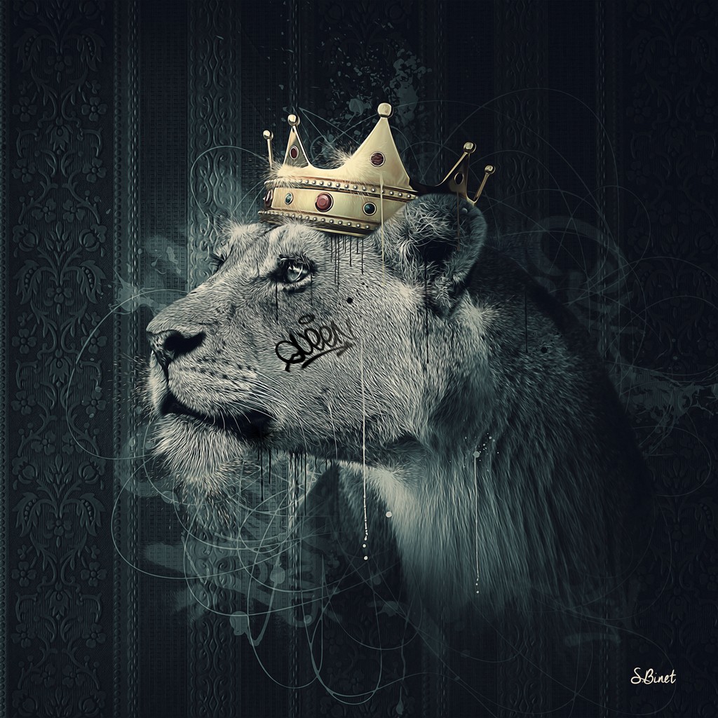 Sylvain Binet, Lion Couronne II (Löwe, Raubtier, König, Krone, Vermenschlichung, Tierportrait, antropomorph, Modern, Malerei, Jugendzimmer, Wohnzimmer, Wunschgröße, grau/weiß, gold)