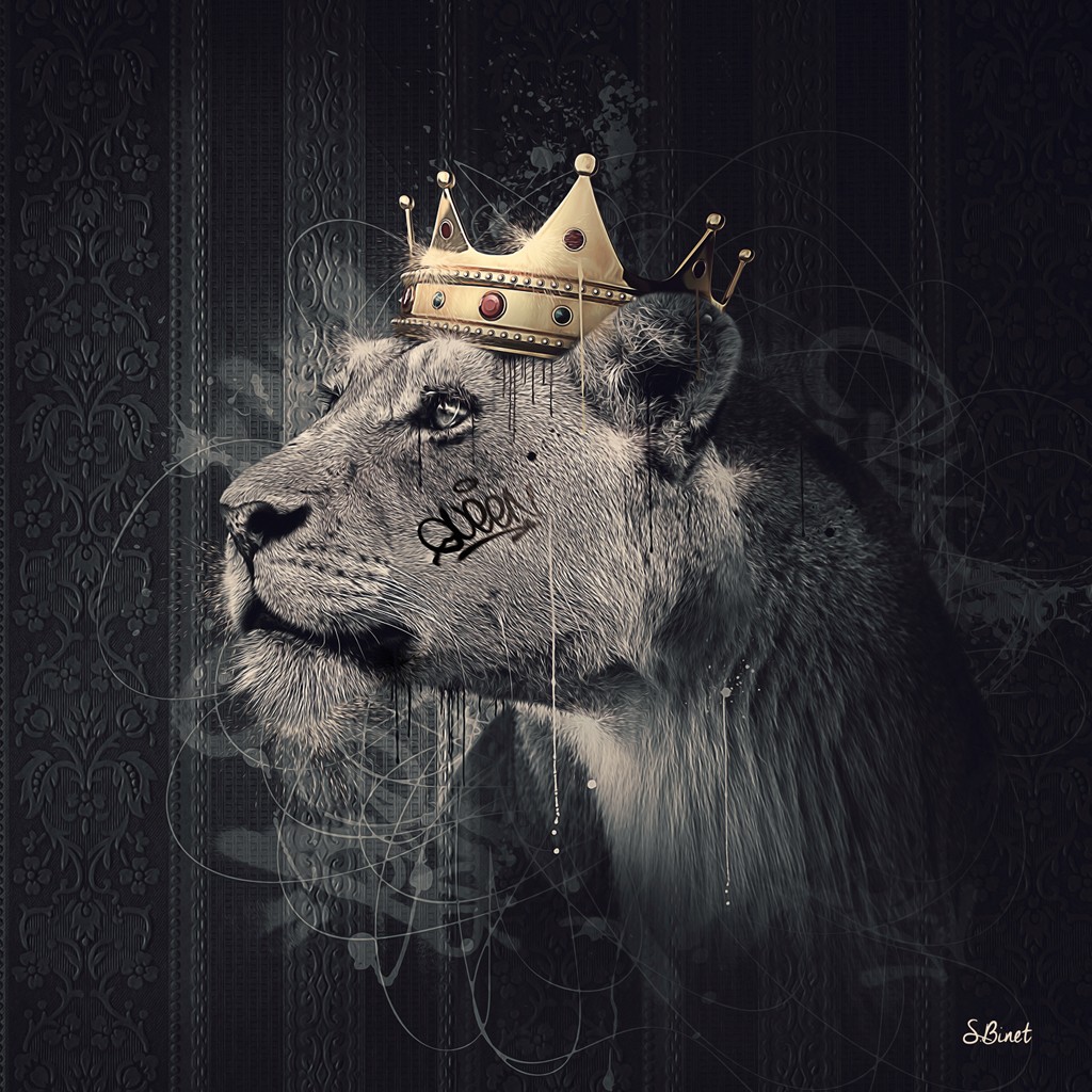 Sylvain Binet, Lion Couronne II (Löwin, Raubtier, Königin, Krone, Vermenschlichung, Tierportrait, antropomorph, Modern, Malerei, Jugendzimmer, Wohnzimmer,   grau/weiß,gold)