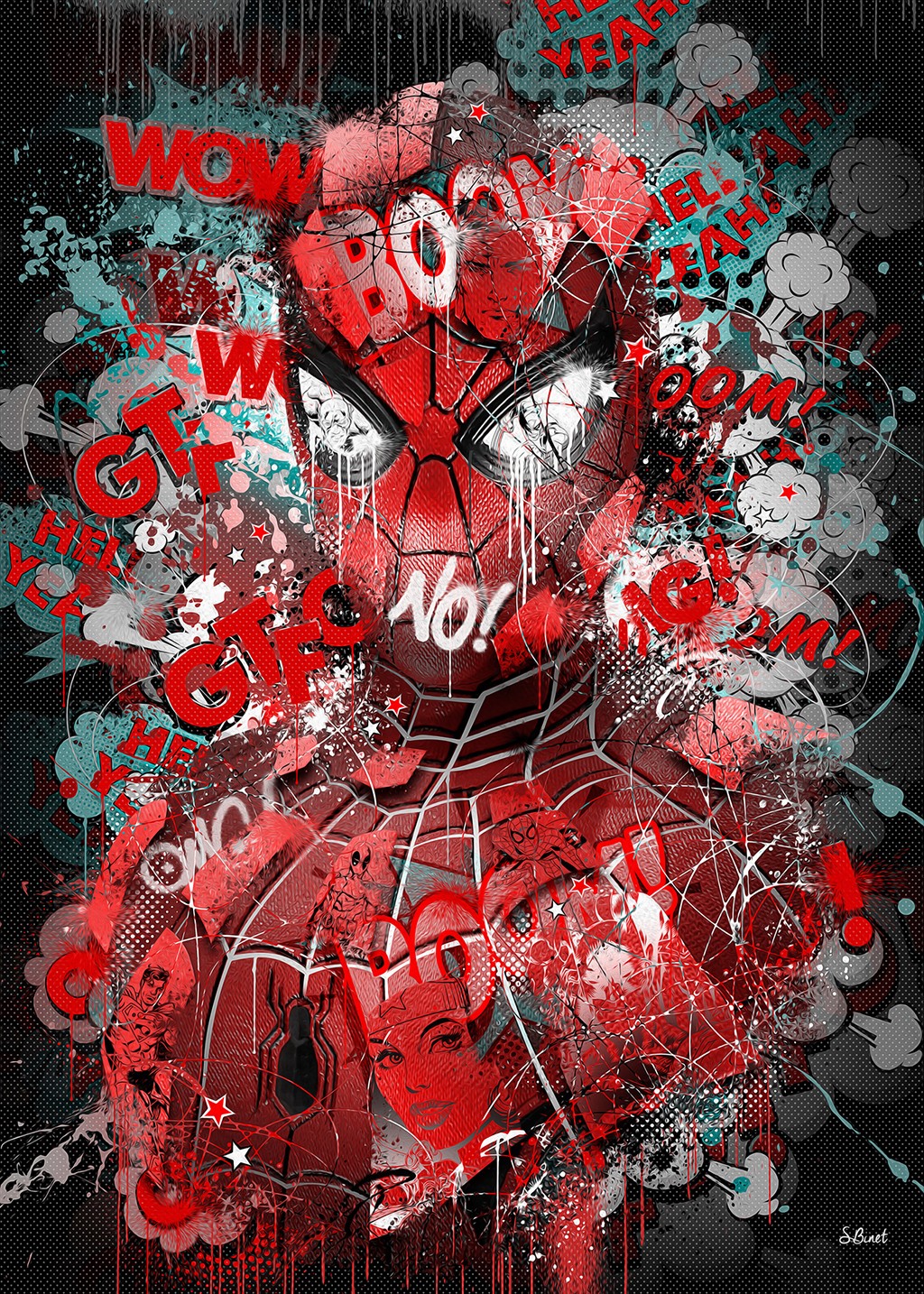 Sylvain Binet, Siderman (Spiderman, Kostüm, Comic, abstrakter Hintergrund,  Modern, Malerei, Popart, Jugendzimmer, Wohnzimmer, Wunschgröße, schwarz/weiß, rot)