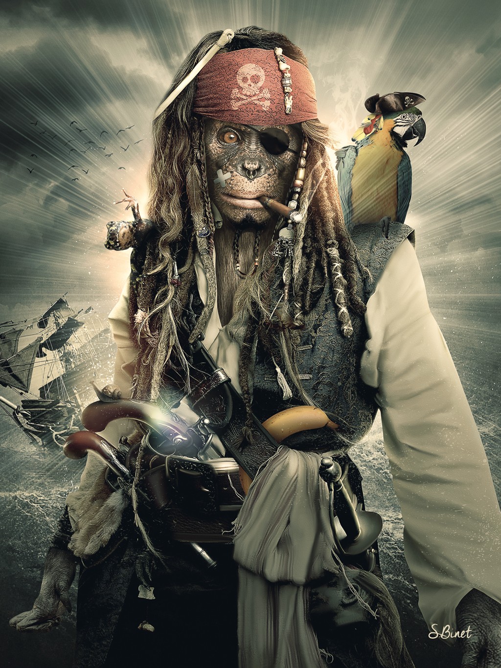Sylvain Binet, Primates des Caraibes (Affe, Schimpanse, Captain Sparrow, Jack, Film, Persönlichkeiten, Fluch der Karibik, Kostüm, Pirat, Vermenschlichung, Tier  antropomorph, Modern, Malerei, Jugendzimmer, Wohnzimmer, bunt)