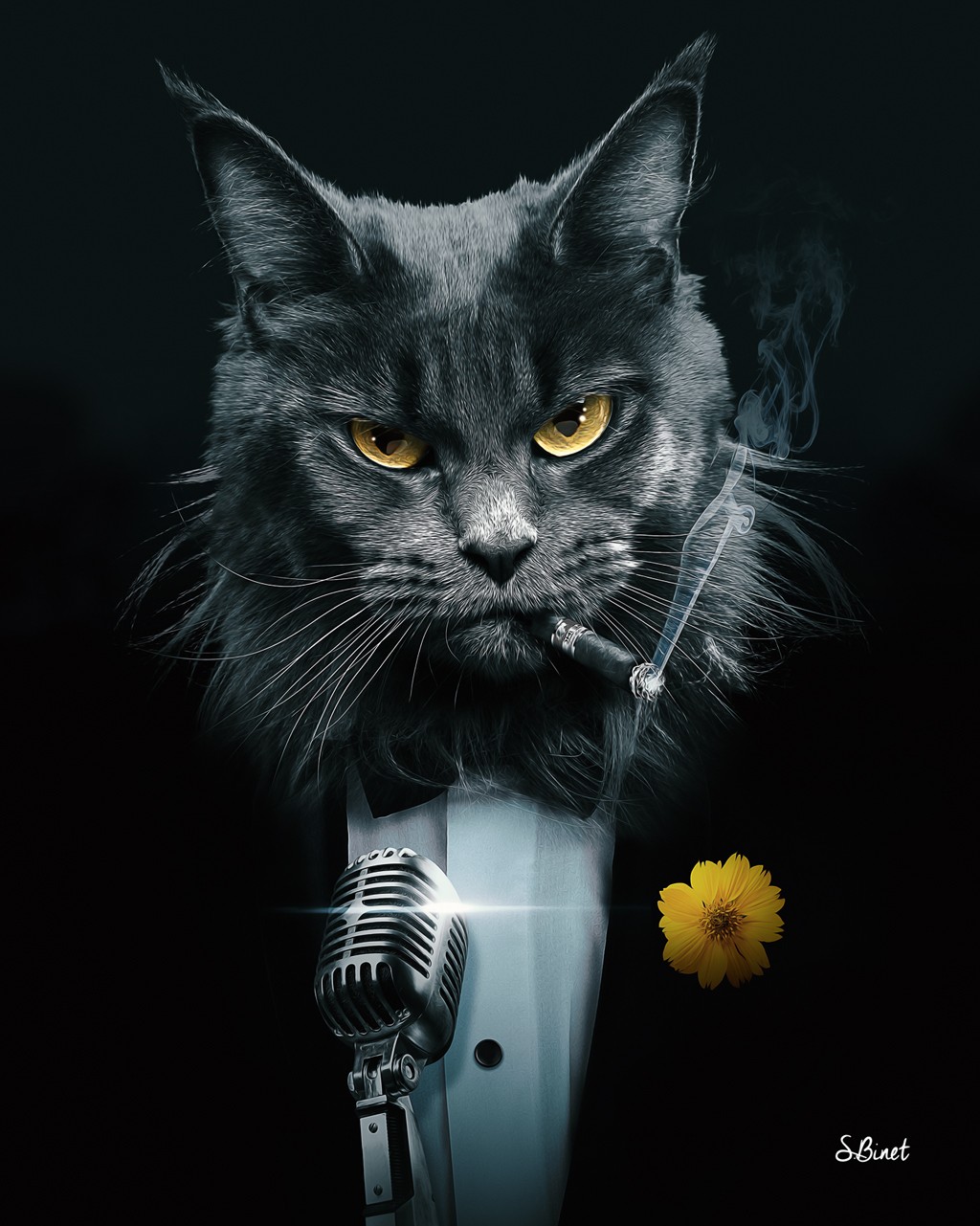 Sylvain Binet, Chat Krooner (Katze, Kater, Raucher, Zigarre, Mikrophon, Vermenschlichung, Tierportrait, antropomorph, Modern, Malerei, Jugendzimmer, Wohnzimmer, schwarz/weiß, gelb)