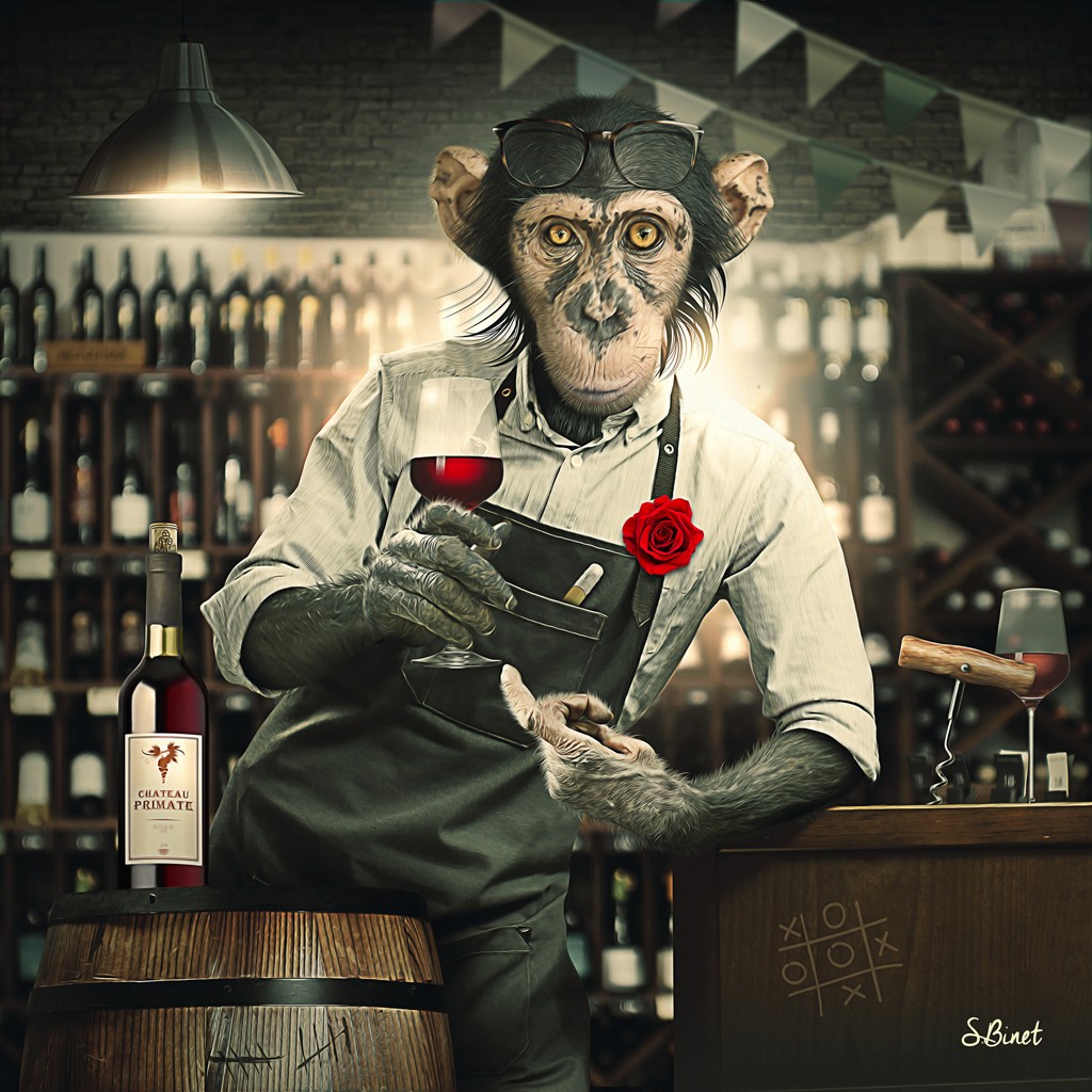 Sylvain Binet, Cavistte (Affe, Schimpanse, Barkeeper, rotwein, Vermenschlichung, Tier, antropomorph, Modern, Malerei, Jugendzimmer, Gastronomie, Wohnzimmer, Wunschgröße, Popart)