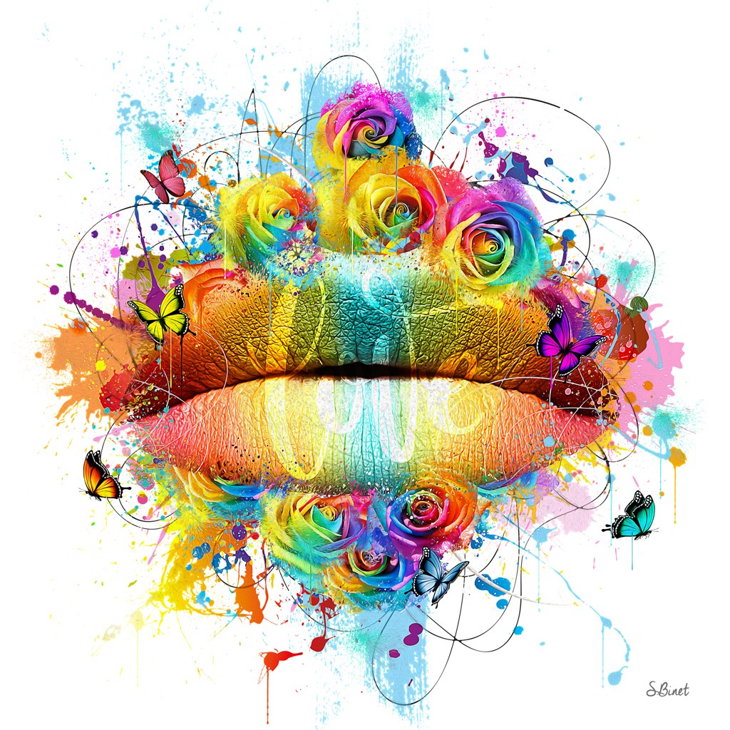 Sylvain Binet, Bouche color (Mund, Lippen erotisch, Rosen, Blumen, Leuchtfarben, Neon, Modern, Popart, Malerei, Jugendzimmer, Wohnzimmer, Wunschgröße, bunt)