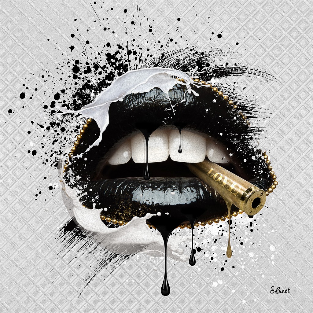 Sylvain Binet, Bouche noir (Mund, Lippen, erotisch, lasziv, Patrone, Gewehrkugel, Modern, Popart, Malerei, Jugendzimmer, Wohnzimmer, Wunschgröße, schwarz/weiß, gold)