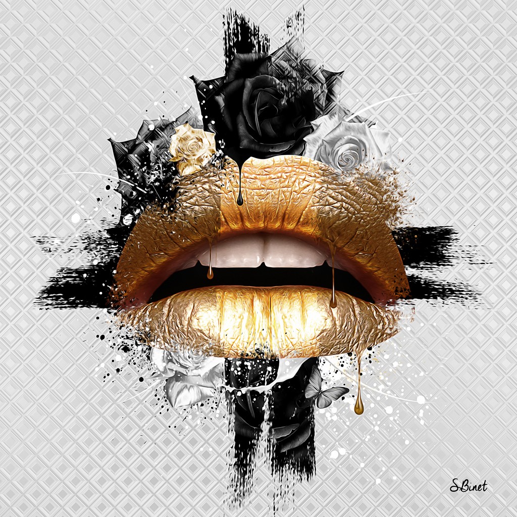 Sylvain Binet, Bouche Or (Mund, goldeneLippen, erotisch, lasziv, Rosen, Modern, Popart, Malerei, Jugendzimmer, Wohnzimmer, Wunschgröße, schwraz/weiß, gold)