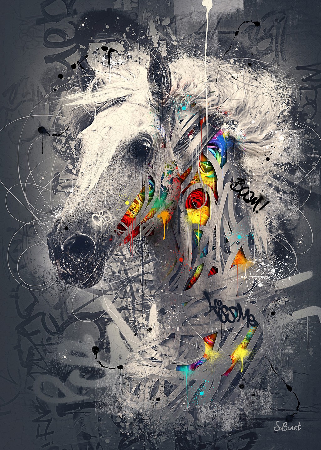 Sylvain Binet, Cheval Pop (Pferd, Schimmel, Tier, Graffity, abstrakter Hintergrund, Colourspot, Leuchtfarben, Neon,  Modern, Malerei, Jugendzimmer, Wohnzimmer, Wunschgröße, schwarz/weiß, bunt)